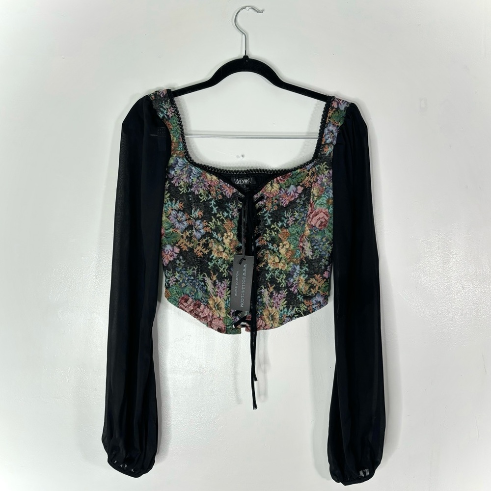 Widow Floral Sheer Sleeve Lace Up Corset Top